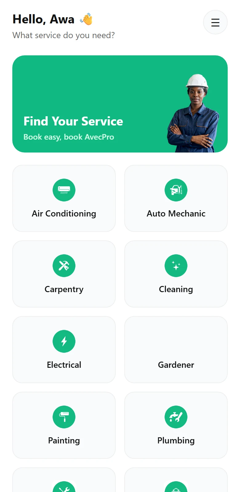 The AvecPro app home screen: the list of services